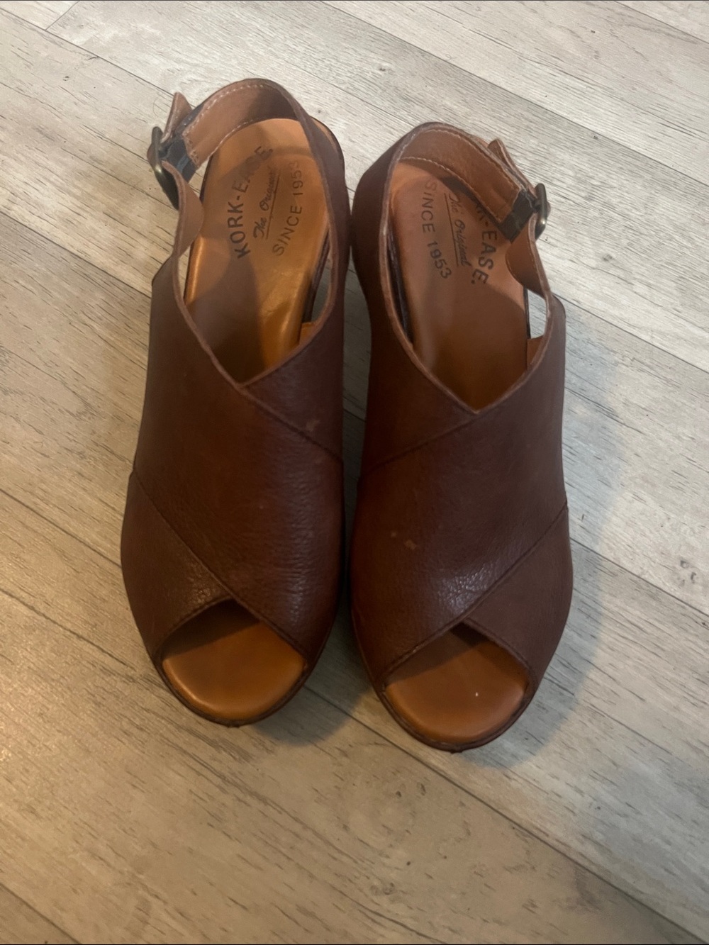 Kork-Ease Brown Leather Crossover Peep-Toe Wedge Sandal Boho 70’s Chic Chunky - Picture 3 of 9